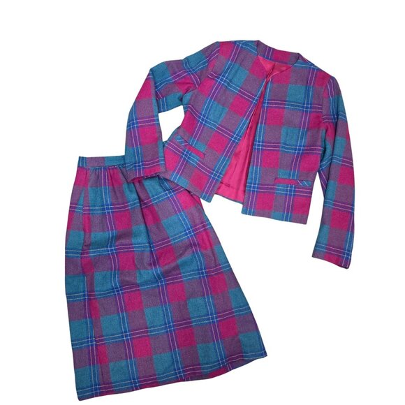 Vintage Johnny B Plaid Wool Skirt & Jacket Set Fuchsia & Teal M Classic 2-Piece - Picture 11 of 11